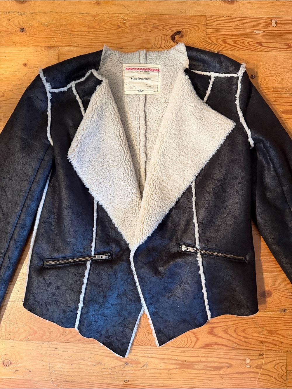 Cartonnier Black Faux-Suede Teddy Jacket with Cream Sherpa Trim